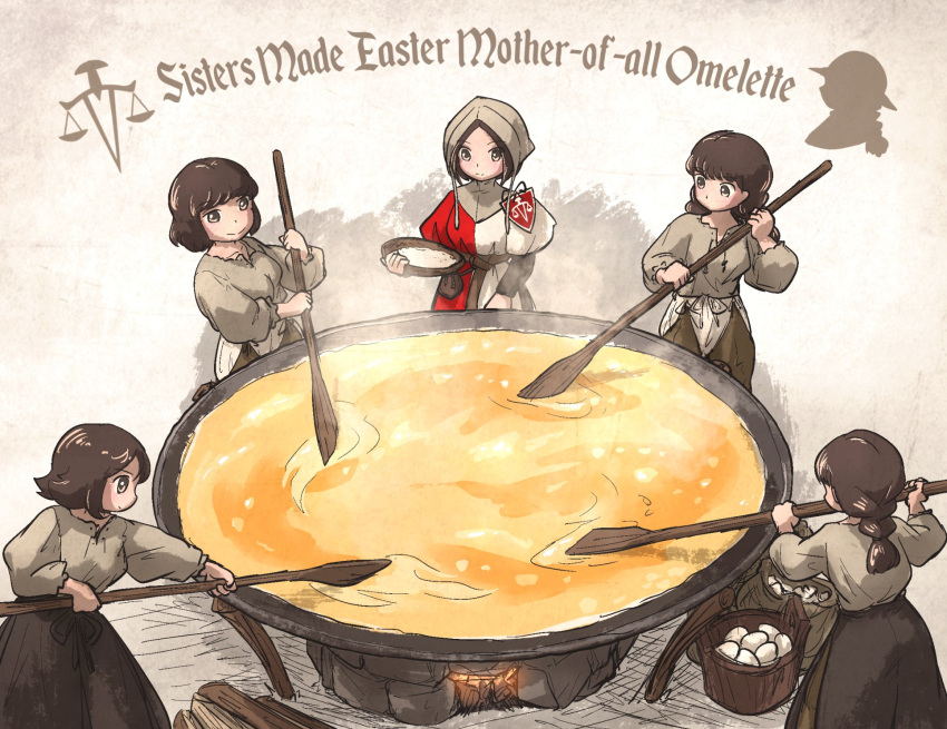5girls, apron, balance_scale_print, brown_eyes, brown_hair, bucket, cooking, egg