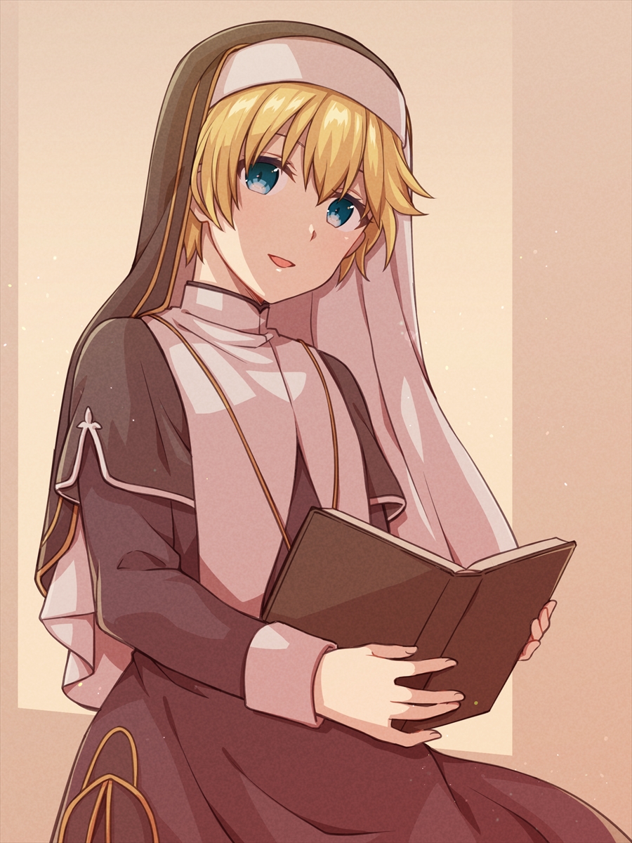 1girl, blonde_hair, blue_eyes, bob_cut, book, chihiro_(chihiro3399), eiyuu_densetsu, highres, holding, holding_book, looking_at_viewer, nun, rosine_(eiyuu_densetsu), sen_no_kiseki, short_hair, sitting, smile, solo, traditional_nun