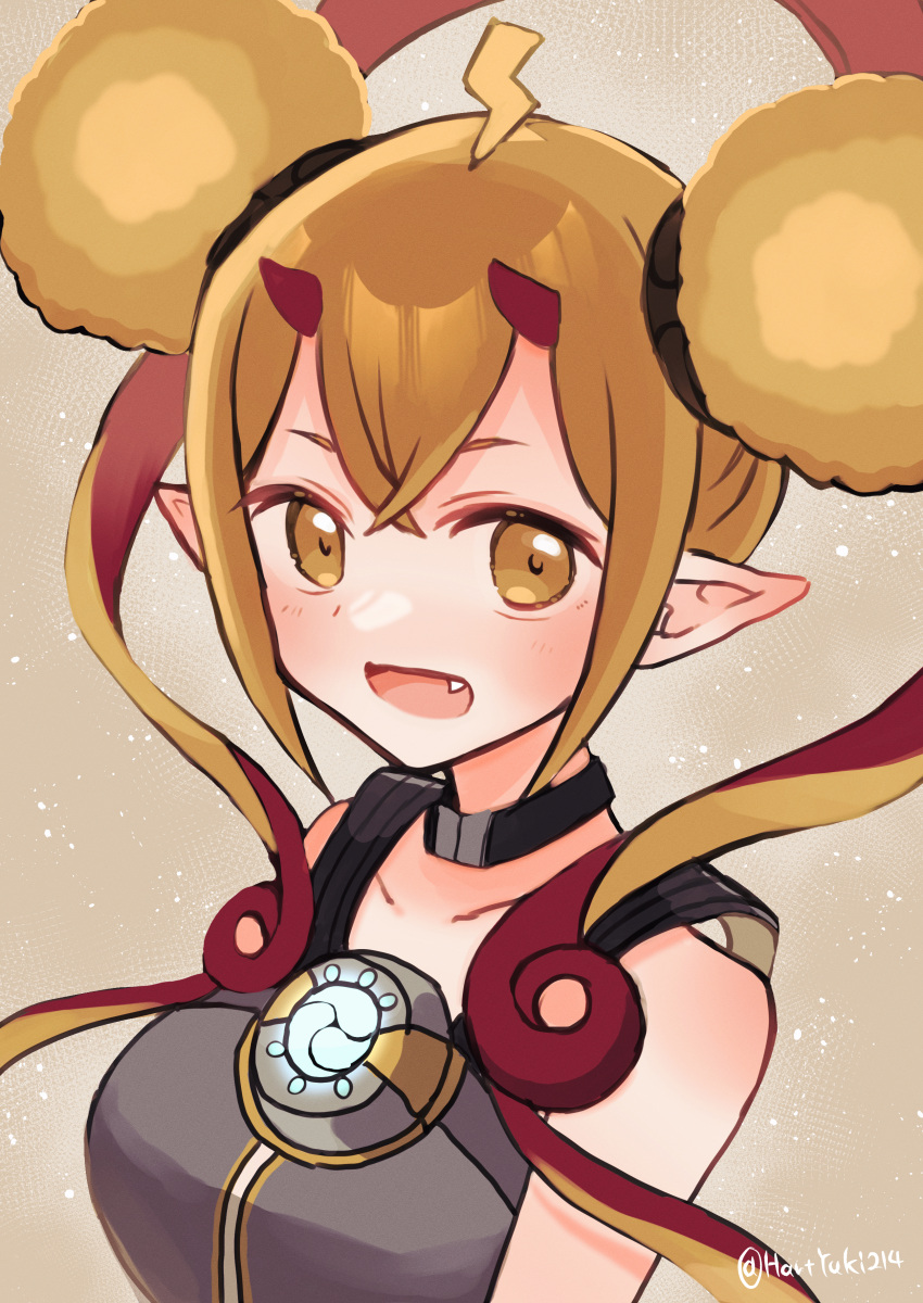 1girl, :d, absurdres, afro_puffs, ahoge, bare_shoulders, blonde_hair, breasts
