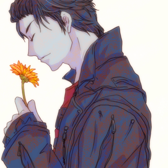 1boy, black_hair, black_jacket, closed_eyes, cogito, dougai_ryuuga, flower, garo:the_one_who_shines_in_the_darkness