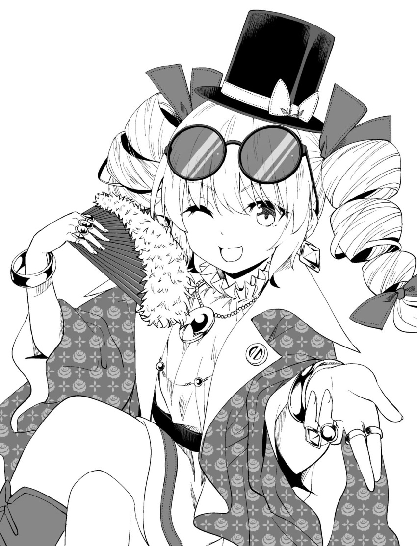 1girl, ;d, bow, bracelet, commentary_request, commission, crossed_legs, drill_hair
