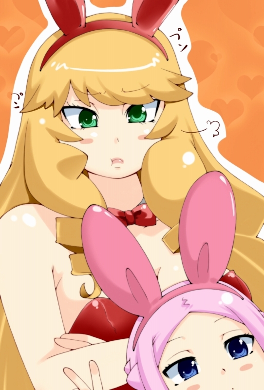 blonde_hair, blue_eyes, bunny_ears, bunnysuit, green_eyes, lips, long_hair, momo_(fruits_box)