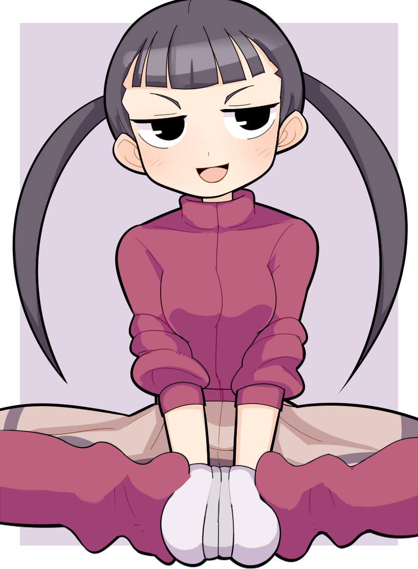 1girl, black_eyes, black_hair, blunt_bangs, blush, breasts, commentary, full_body