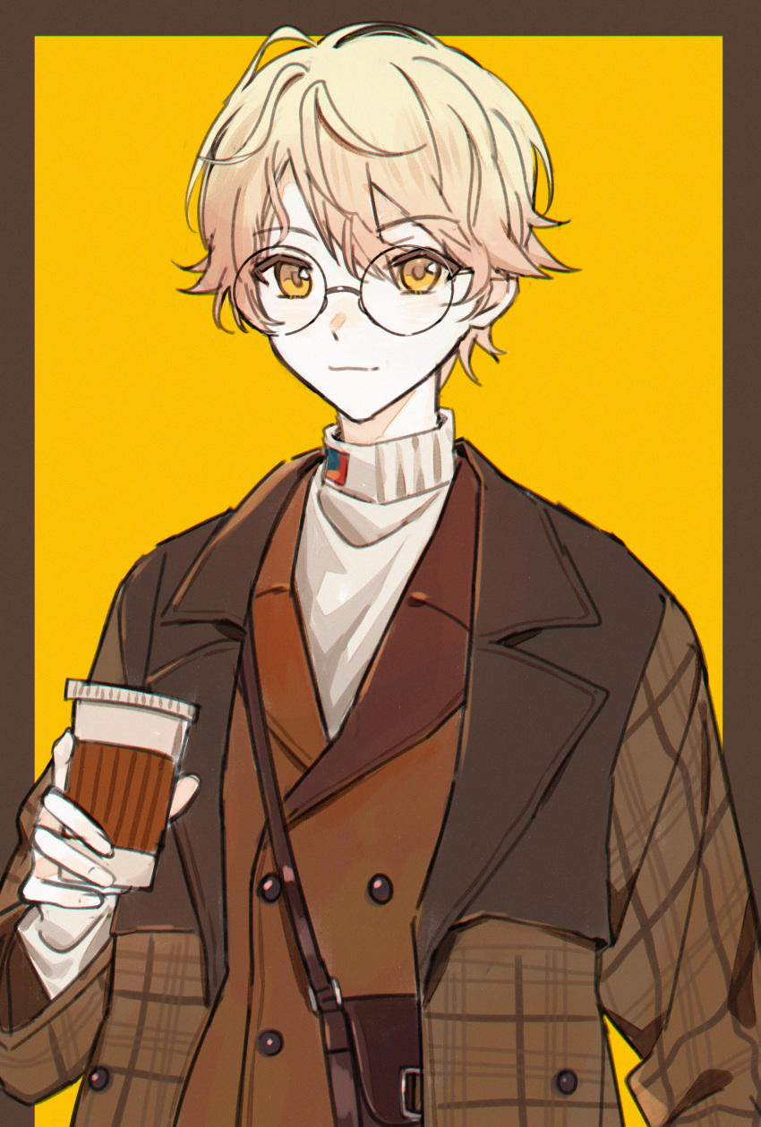 1boy, absurdres, bag, bespectacled, border, brown_bag, brown_border, brown_coat