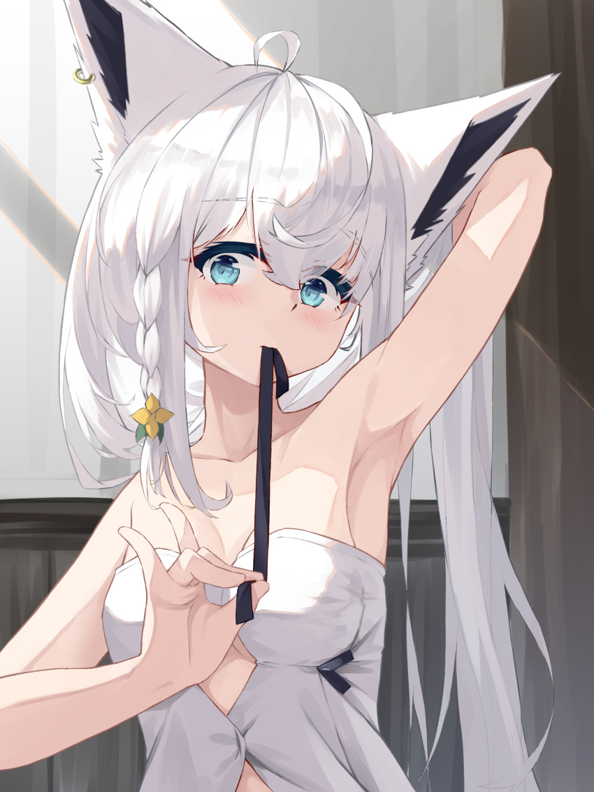 1girl, absurdres, ahoge, animal_ears, aqua_eyes, arm_up, armpits, bare_shoulders