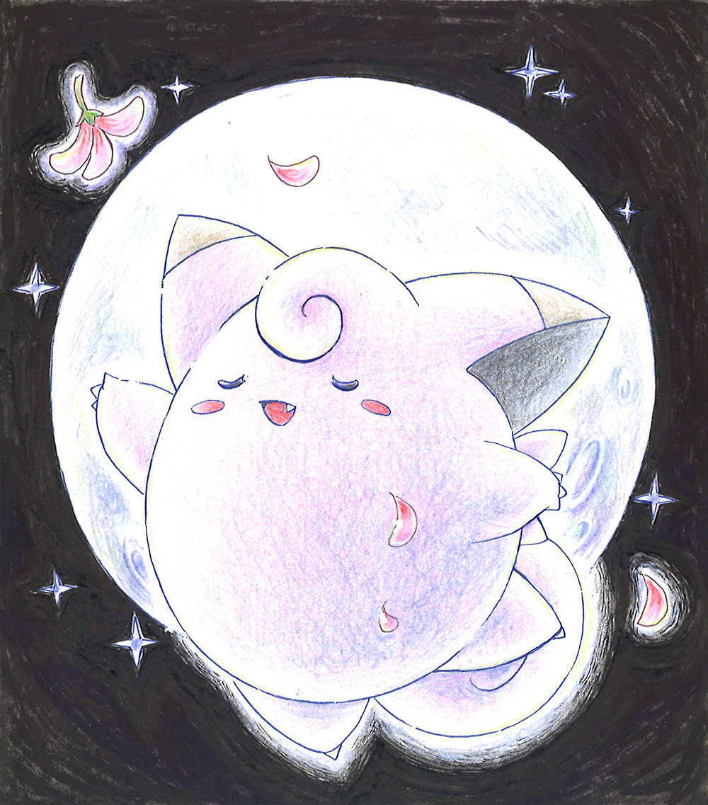 1other, blush_stickers, clefairy, closed_eyes, colored_pencil_(medium), creature, falling_petals, fang, flower, full_moon, kokyuuki_(6345), moon, night, no_humans, open_mouth, petals, pink_flower, pokemon, star_(symbol), traditional_media