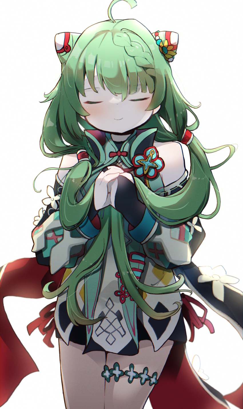 1girl, ahoge, blush, braid, braided_bangs, bridal_gauntlets, closed_eyes, closed_mouth