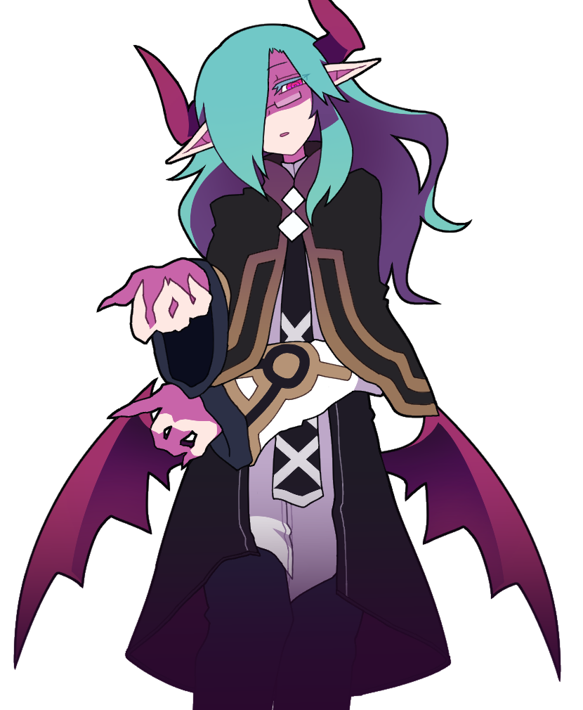 1boy, aqua_hair, bat_wings, beckoning, black_capelet, black_coat, black_necktie, black_pants