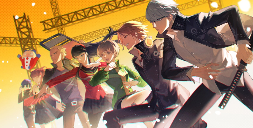 3girls, 4girls, amagi_yukiko, black_hair, black_jacket, black_pants, black_pantyhose, black_skirt, blonde_hair, blue_headwear, brown_hair, chair, folding_chair, green_jacket, grey_hair, hanamura_yousuke, hand_fan, hat, headphones, jacket, kujikawa_rise, kuma_(persona_4), lluyss, long_hair, long_sleeves, multiple_boys, multiple_girls, narukami_yuu, pants, pantyhose, persona, persona_4, satonaka_chie, school_uniform, shirogane_naoto, shirt, short_hair, skirt, tatsumi_kanji, white_shirt, yasogami_school_uniform
