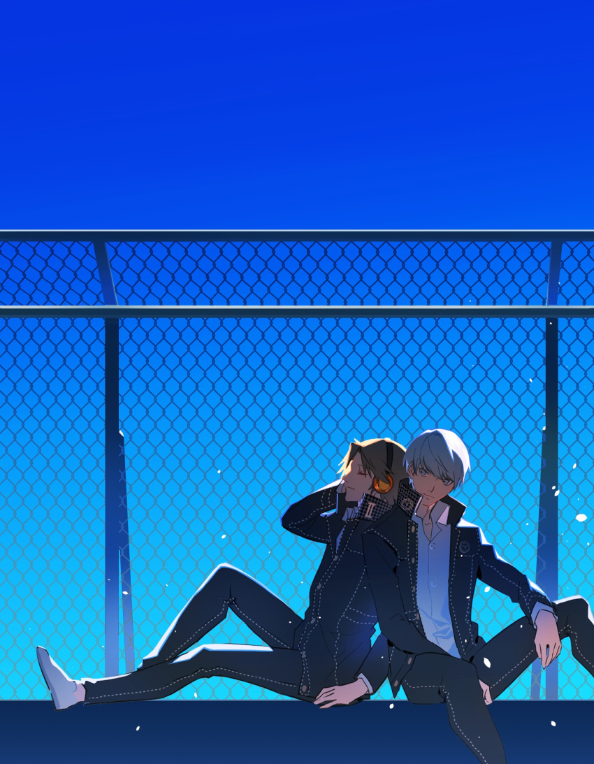 2boys, black_jacket, black_pants, blue_sky, brown_hair, chain-link_fence, closed_eyes, closed_mouth