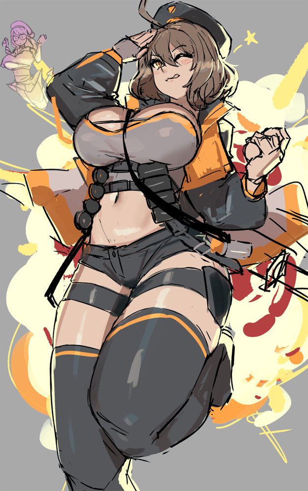 2girls, ammunition_belt, anis_(nikke), beret, black_jacket, black_shorts, breasts, brown_hair