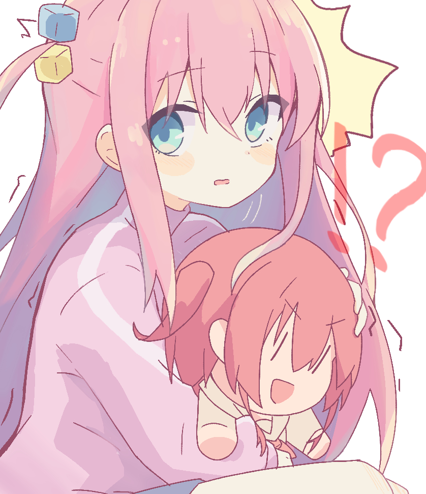 !?, 2girls, :d, blue_eyes, blue_skirt, blush, blush_stickers, bocchi_the_rock!