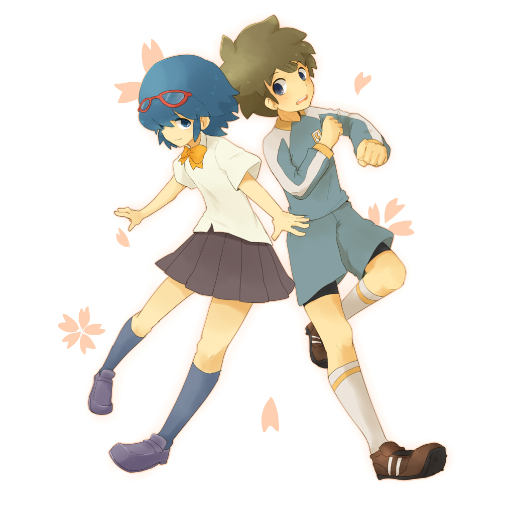 1boy, 1girl, bike_shorts, bike_shorts_under_shorts, black_footwear, blue_eyes, blue_shorts, blue_socks, bow, brown_footwear, brown_hair, cleats, eyewear_on_head, glasses, inazuma_eleven_(series), inazuma_eleven_go, kinota_(ki286sa), open_mouth, orange_bow, otonashi_haruna, pleated_skirt, red-framed_eyewear, school_uniform, shirt, short_hair, short_sleeves, shorts, skirt, soccer_uniform, socks, sportswear, tachimukai_yuuki, teeth, upper_teeth_only, white_background, white_shirt, white_socks