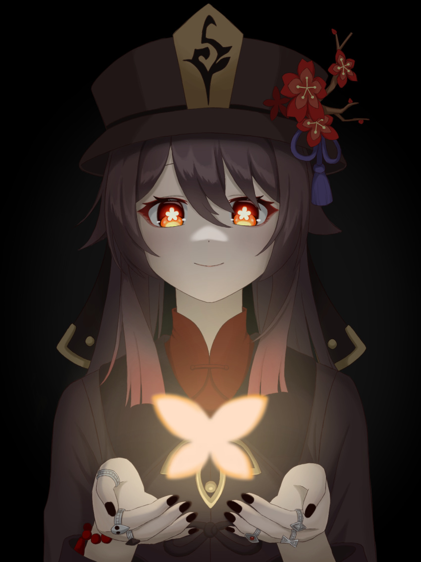 1girl, black_background, black_nails, brown_hair, bug, butterfly, commentary, cupping_hands