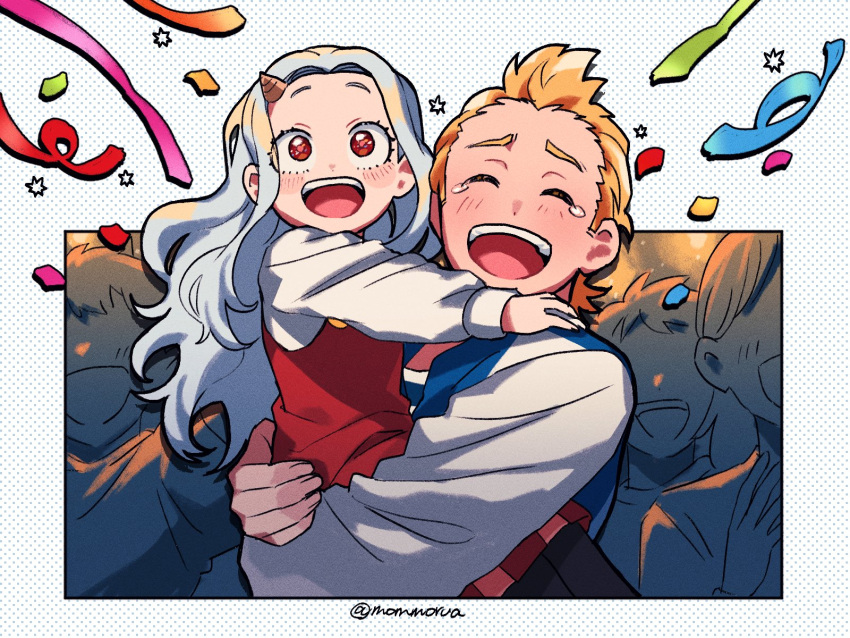 1boy, 1girl, artist_name, blonde_hair, blush, boku_no_hero_academia, commentary, crying