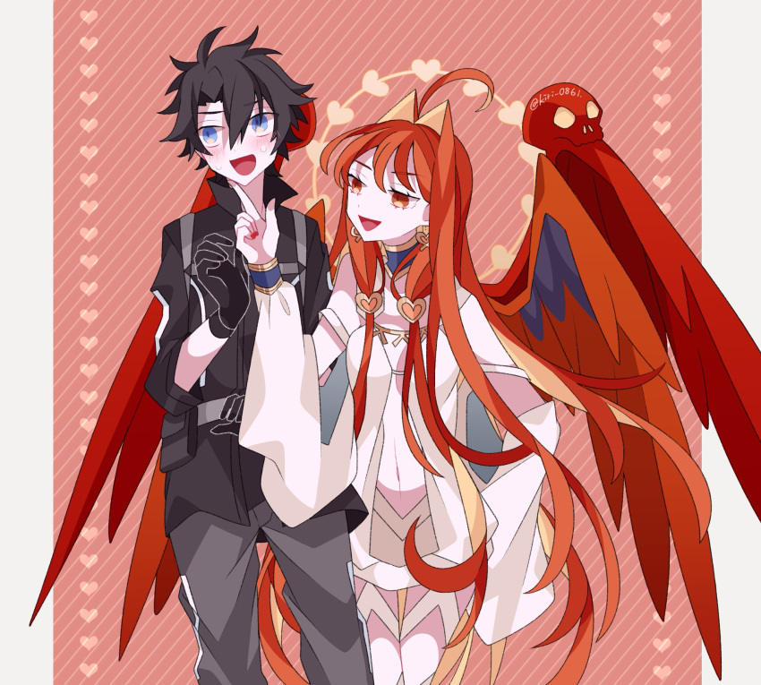 ahoge, aphrodite_(fate), black_shirt, blue_eyes, blush, breasts, commission, couple, crossed_arms, dress, fate/grand_order, fate_(series), feathered_wings, fujimaru_ritsuka_(male), hair_intakes, hand_on_another's_chin, hetero, highres, kujiramaru, medium_breasts, multicolored_hair, multiple_wings, navel, orange_eyes, orange_hair, pants, shirt, skeb_commission, skull, smirk, twitter_username, white_dress, wings