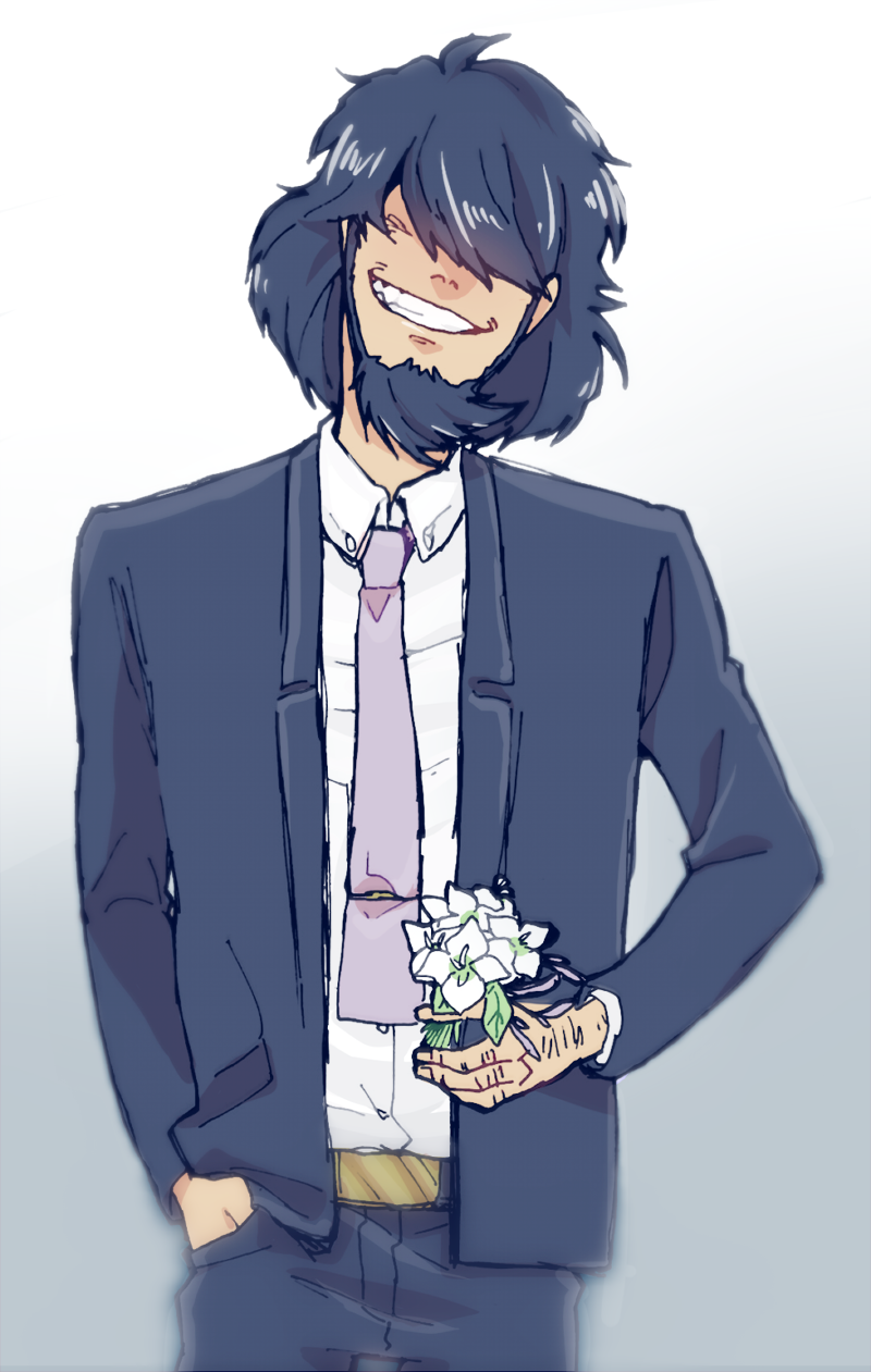 1boy, beard, belt, belt_buckle, black_belt, black_hair, black_jacket, black_pants, bouquet, buckle, commentary, cowboy_shot, facial_hair, facing_viewer, flower, formal, gradient_background, grey_background, grin, hair_over_eyes, hand_in_pocket, head_tilt, highres, holding, holding_bouquet, holding_flower, jacket, jigen_daisuke, long_bangs, lupin_iii, male_focus, messy_hair, necktie, pants, purple_necktie, shirt, smile, smirk, solo, standing, suezen, suit, suit_jacket, tie_clip, white_shirt