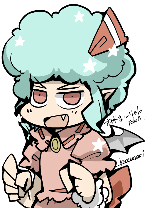 alternate_hairstyle, bat_wings, blue_hair, fang, fists, hounori, no_hat, no_headwear