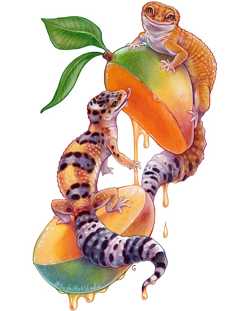 artist_name, commentary, dripping, english_commentary, food, gecko, leaf, looking_at_viewer