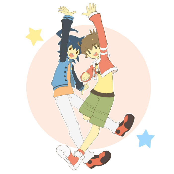 2boys, ahoge, arm_up, blue_hair, blue_jacket, brown_hair, clenched_hand, danball_senki_w
