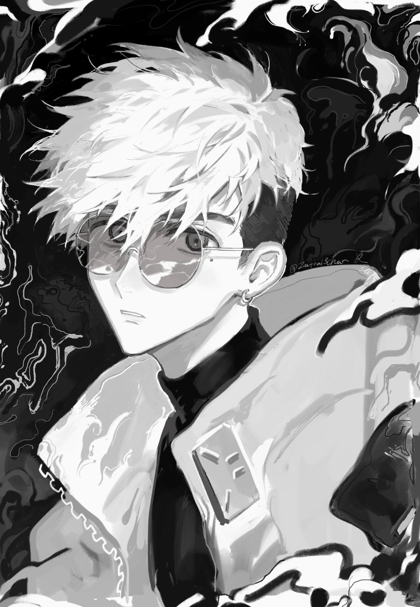 1boy, absurdres, earrings, glasses, greyscale, highres, jacket, jewelry
