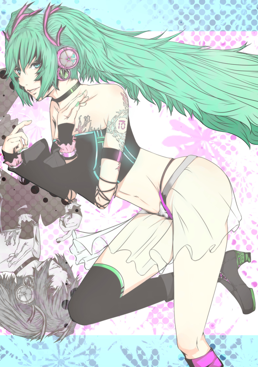 aqua_eyes, armband, ass, boots, choker, detached_sleeves, green_hair, hatsune_miku