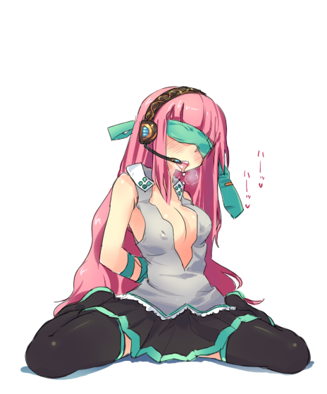 blindfold, blush, breath, cosplay, hatsune_miku, hatsune_miku_(cosplay), headphones, headset