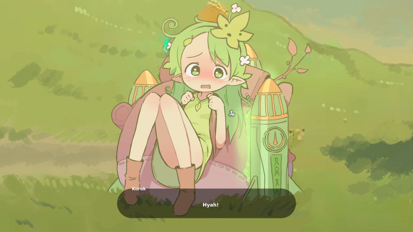 1girl, acorn, backpack, bag, boots, brown_bag, brown_footwear, english_text
