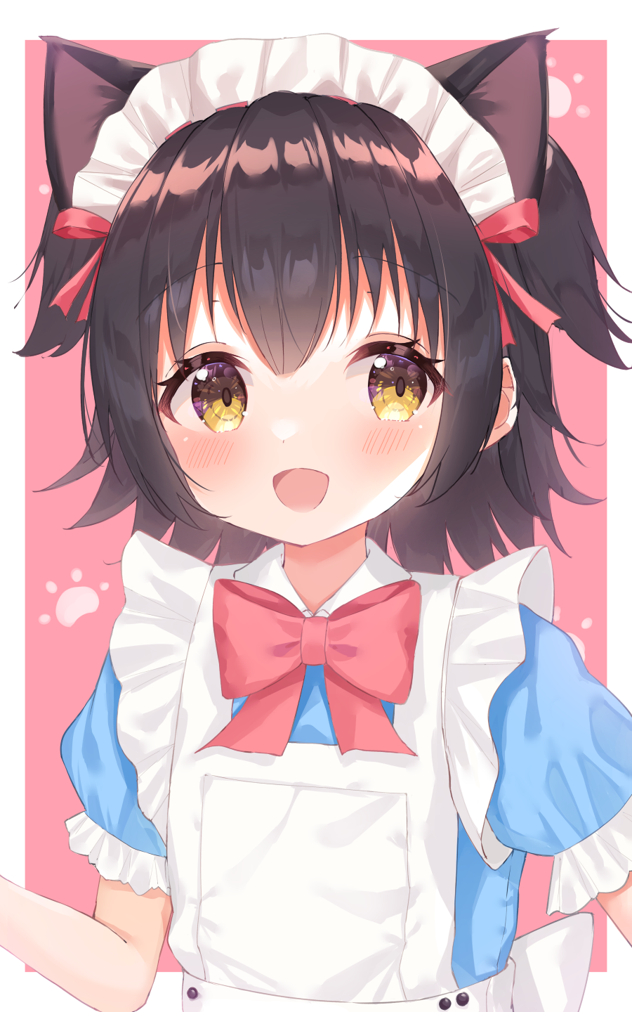1girl, :d, akagi_miria, animal_ears, apron, black_hair, blue_dress, blush