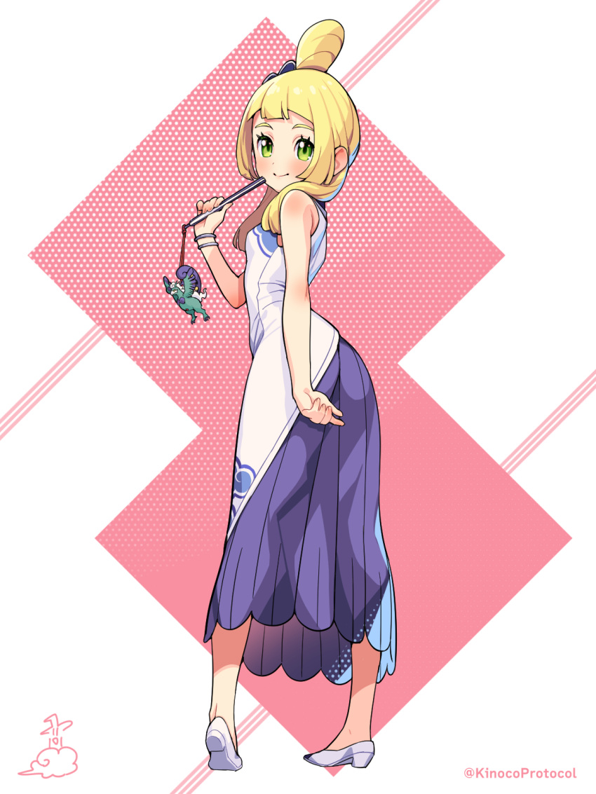 1girl, blonde_hair, blush, bracelet, character_doll, closed_mouth, commentary_request, cosplay