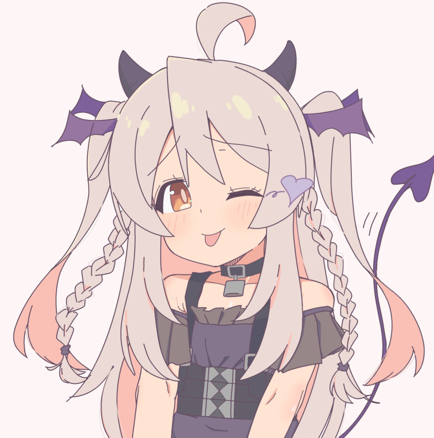 1girl, ;p, bare_arms, bare_shoulders, black_choker, braid, brown_eyes, choker
