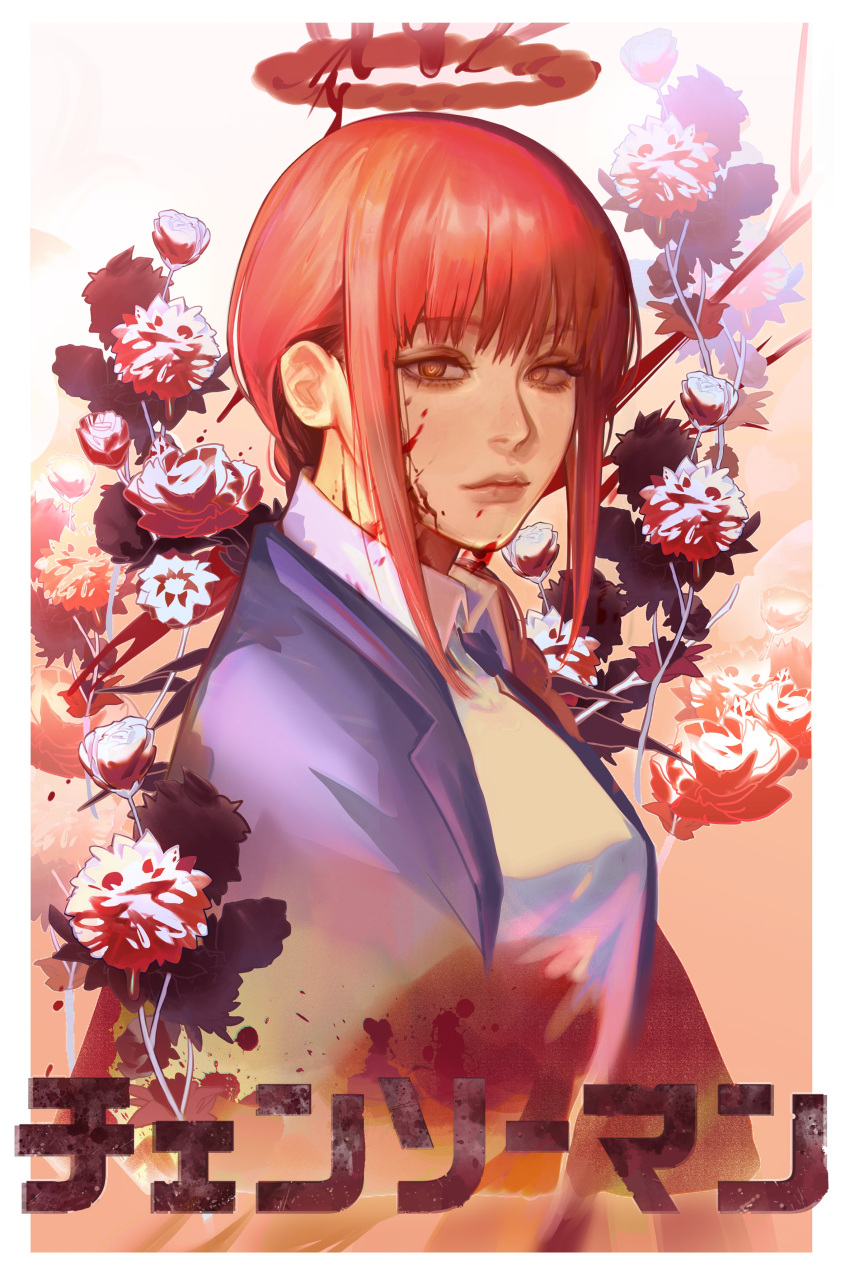 1girl, absurdres, black_jacket, black_necktie, blood, blood_on_face, bonethide14663, border