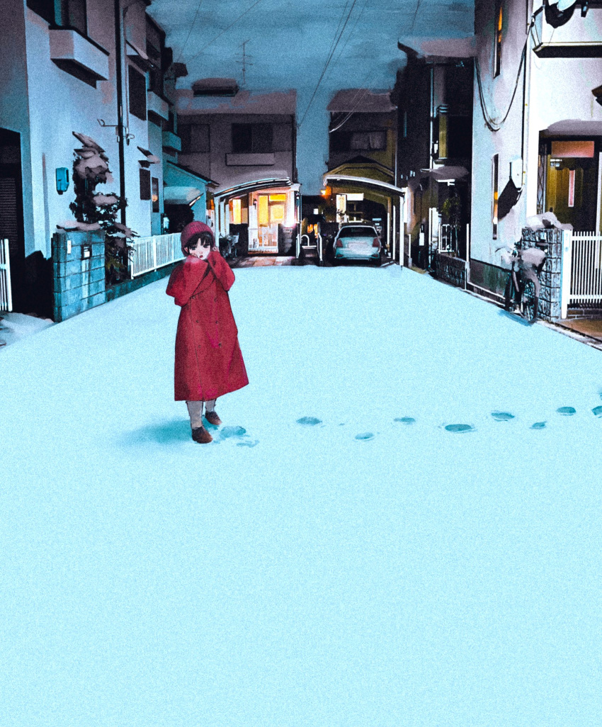 1girl, bicycle, black_hair, brown_footwear, bush, buttons, car, coat