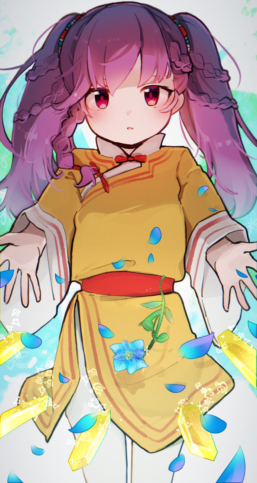 1girl, blue_background, blue_flower, blush, braid, dolma_(madoka_magica), falling_petals, flower, highres, kashi_neko, long_sleeves, looking_at_viewer, magia_record:_mahou_shoujo_madoka_magica_gaiden, mahou_shoujo_madoka_magica, mandarin_collar, medium_hair, pantyhose, parted_lips, petals, purple_hair, reaching, reaching_towards_viewer, red_eyes, red_sash, sash, shirt, side_braid, side_slit, solo, twintails, waist_sash, white_pantyhose, yellow_gemstone, yellow_shirt