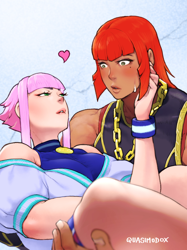 2girls, biting, black_sports_bra, blue_leotard, blunt_bangs, blush, breasts, carrying