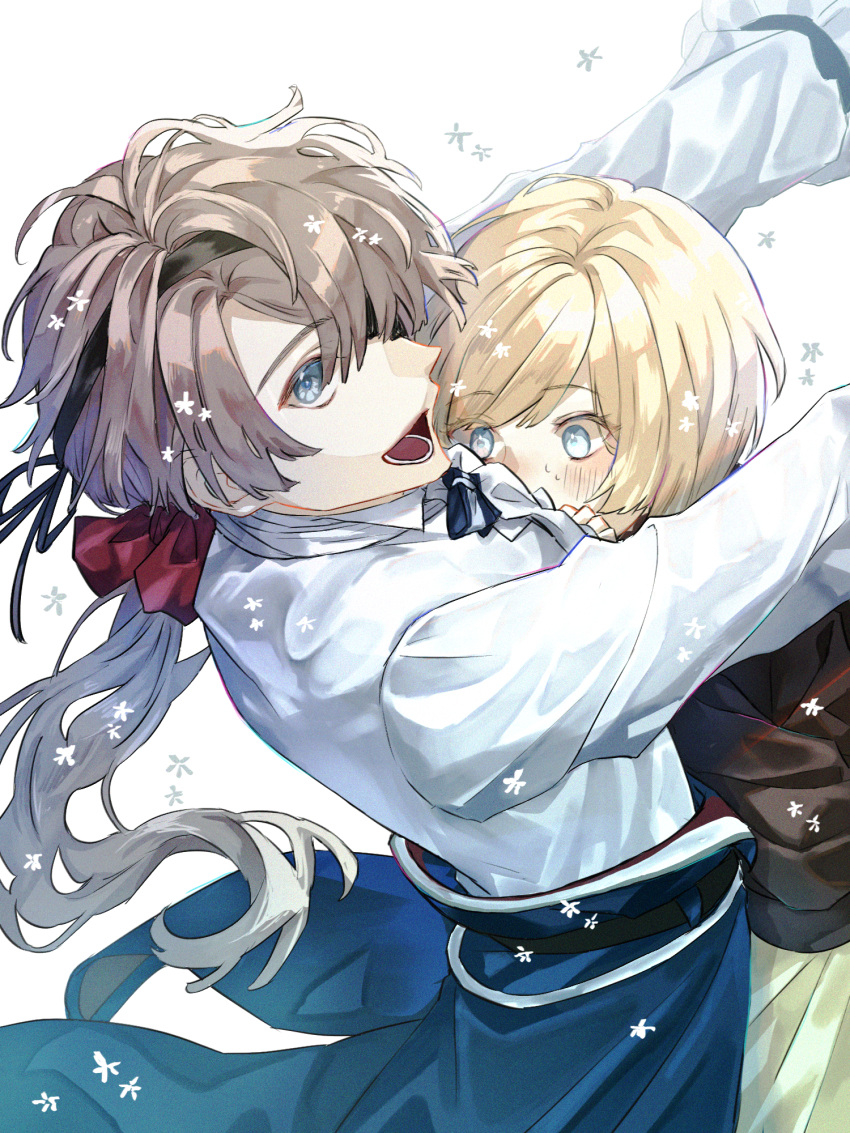 1boy, 1girl, aqua_eyes, blonde_hair, blue_eyes, blush, brown_jacket, ceres_(shuuen_no_virche)