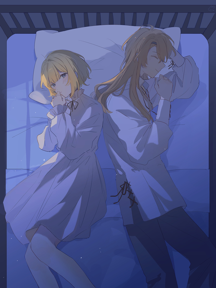 1boy, 1girl, absurdres, bed, black_footwear, blonde_hair, ceres_(shuuen_no_virche), closed_eyes