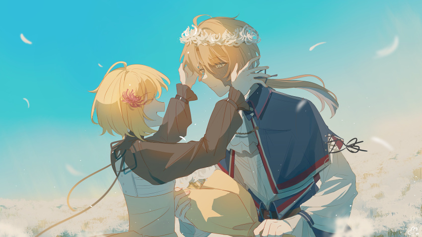 1boy, 1girl, ascot, black_ribbon, blonde_hair, blue_capelet, bouquet, capelet