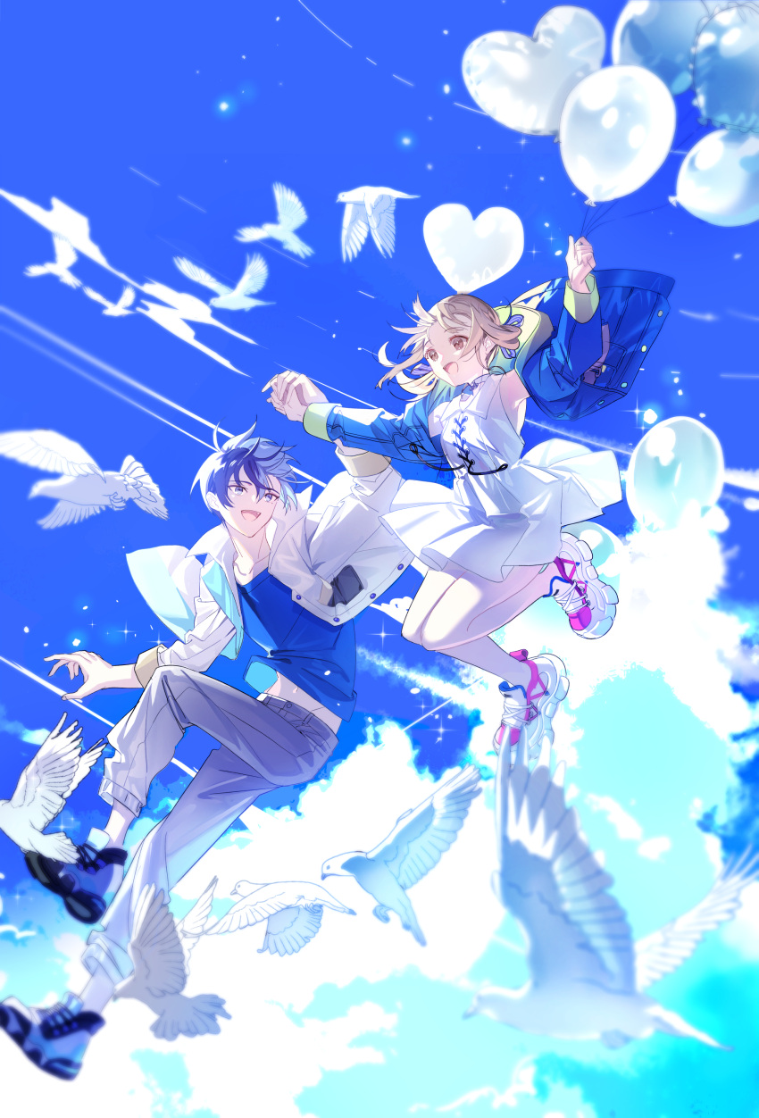 1boy, 1girl, absurdres, aoyagi_touya, azusawa_kohane, balloon, bird, blonde_hair