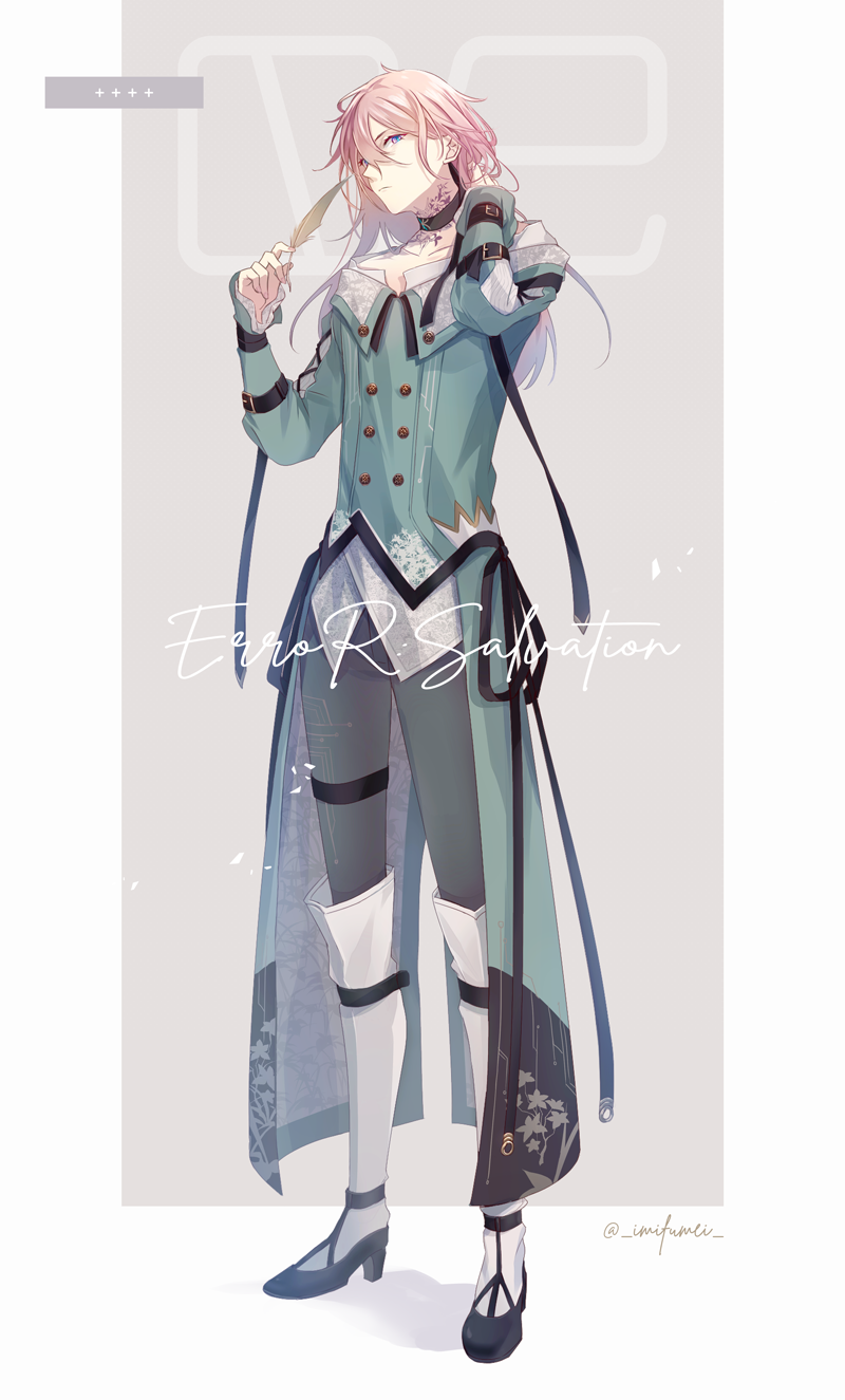 1boy, alternate_costume, bishounen, black_choker, black_footwear, blue_coat, blue_eyes, choker