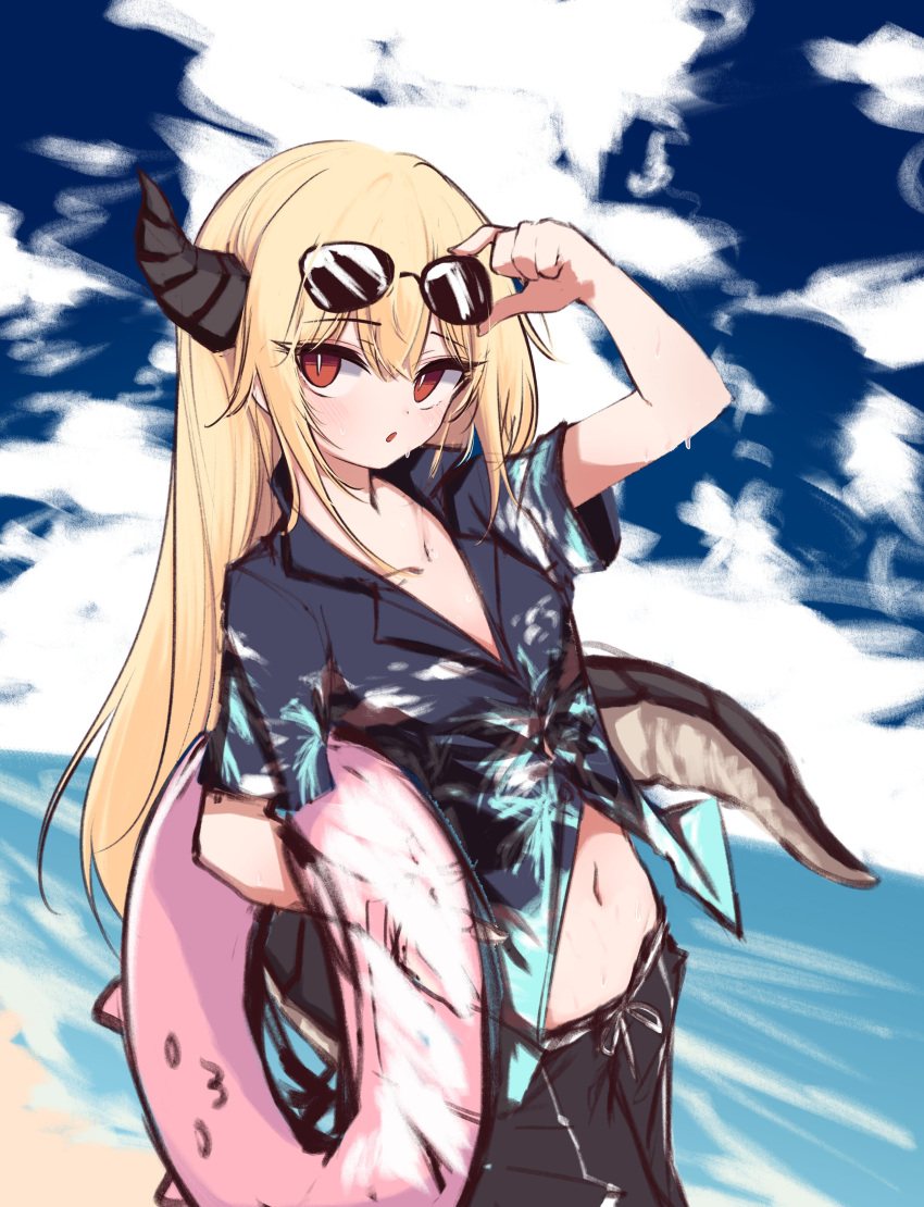1girl, absurdres, blonde_hair, dragon_girl, dragon_horns, dragon_tail, eyewear_on_head, hero_in_heroine