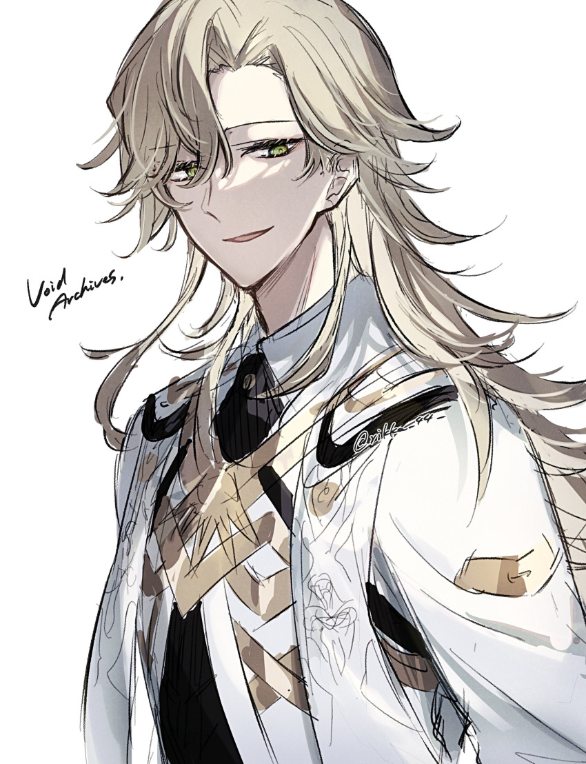 1boy, absurdres, asymmetrical_bangs, black_shirt, blonde_hair, character_name, cloak, green_eyes