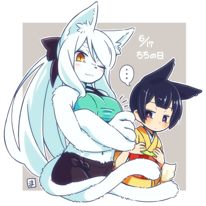 ..., 2girls, :3, animal_ears, arms_under_breasts, black_bow, black_eyes, black_hair