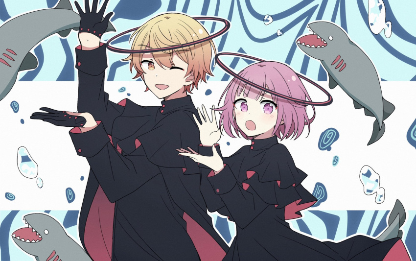 1boy, 1girl, :o, bagel_land, black_gloves, blonde_hair, blunt_bangs, bob_cut