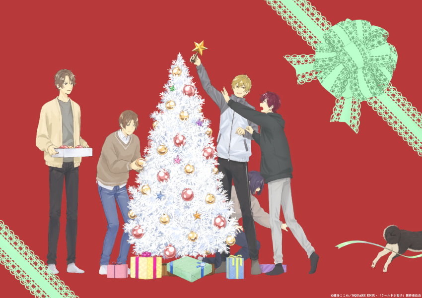5boys, all_fours, artist_request, black_hair, black_pants, black_socks, blonde_hair, blue_pants