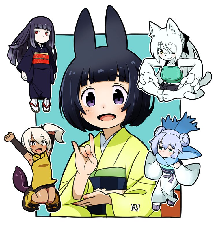 5girls, :3, :d, animal_ear_fluff, animal_ears, armpits, arms_up, black_bow