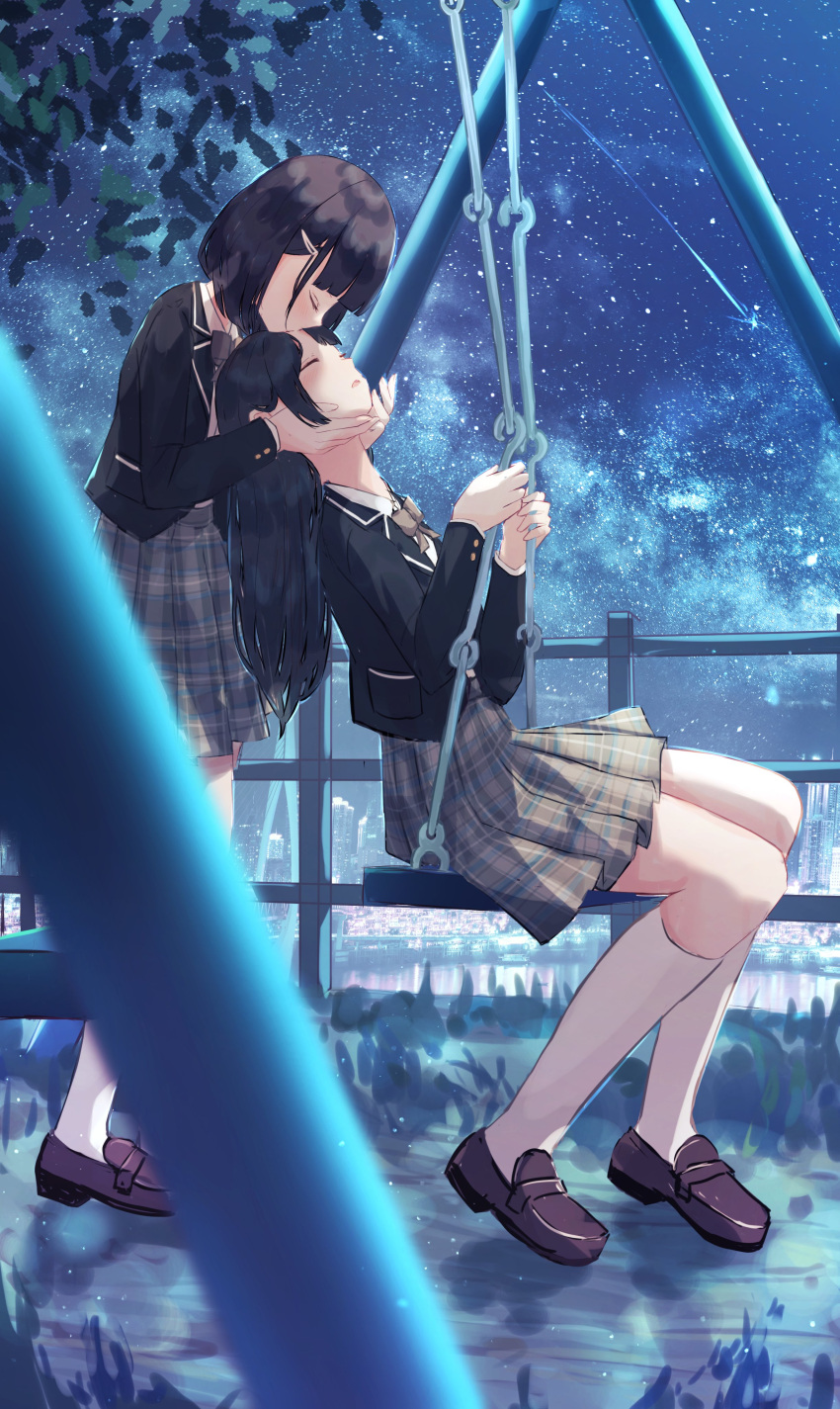 2girls, absurdres, benevole, black_hair, black_jacket, blazer, blue_sky, blurry