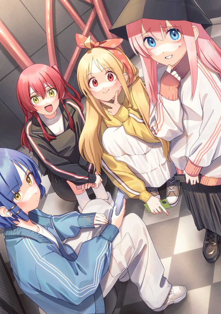 4girls, absurdres, ahoge, black_footwear, black_headwear, black_jacket, black_skirt, blonde_hair