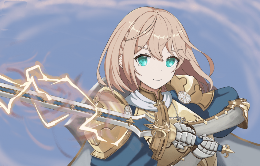 >:), 1girl, armor, armored_gloves, artist_request, blue_background, blue_shirt, braid, breastplate, cape, claire_(eversoul), electricity, eversoul, gauntlets, gold_armor, green_eyes, holding, holding_weapon, korean_commentary, light_brown_hair, looking_to_the_side, pauldrons, puffy_sleeves, shield, shield_on_back, shirt, short_hair, shoulder_armor, smile, solo, sword, v-shaped_eyebrows, weapon, white_cape