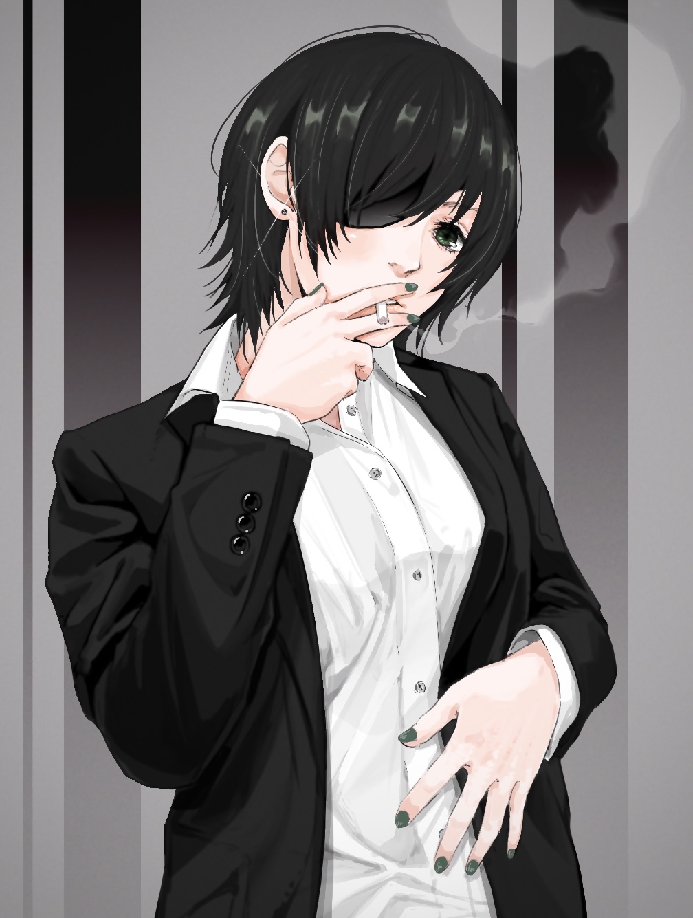 1girl, black_hair, black_jacket, chainsaw_man, cigarette, collared_shirt, earrings, eyepatch, glint, green_eyes, highres, himeno_(chainsaw_man), holding, holding_cigarette, jacket, jewelry, looking_at_viewer, nail_polish, nyokki_dream666, shirt, short_hair, smoke, smoking, solo, stud_earrings, white_shirt